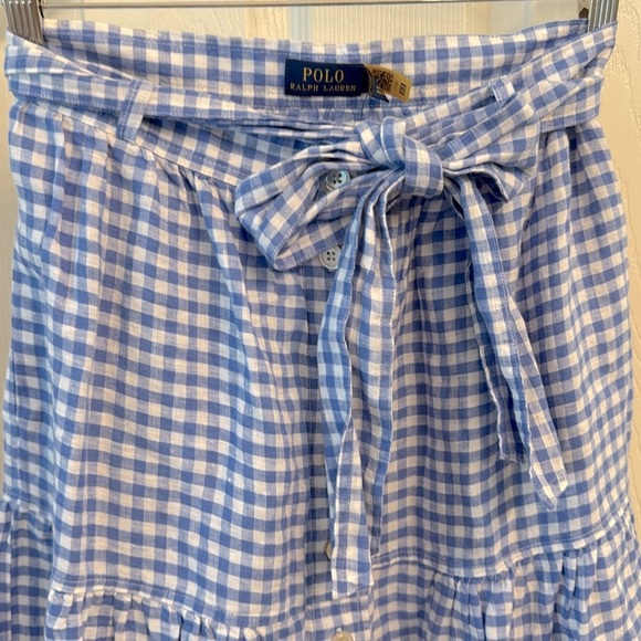 POLO Ralph Lauren Blue Gingham Linen Tiered Ruffle Midi Skirt w/ Pockets Sz 4 - Picture 11 of 15